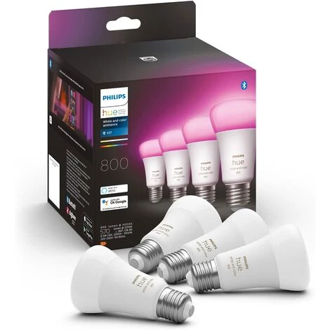 Philips Hue White & Color Ambiance, Ampoule LED Connectée E27, équivalent 60W, 800 Lumen, Pack De 4, Compatible Bluetooth, Fonctionne Avec Alexa, Google Assistant Et Apple Homekit 3 Philips Hue White & Color Ambiance, Ampoule LED Connectée E27, équivalent 60W, 800 Lumen, Pack De 4, Compatible Bluetooth, Fonctionne Avec Alexa, Google Assistant Et Apple Homekit