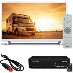 PACK PHILIPS TV 24" 60cm HD Camping-car Blanc + Câble 12V + Récepteur TV Satellite + Carte TNTSAT - Blanc