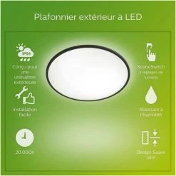 PHILIPS Plafonnier LED SUPERSLIM - 15W - IP54 - Noir